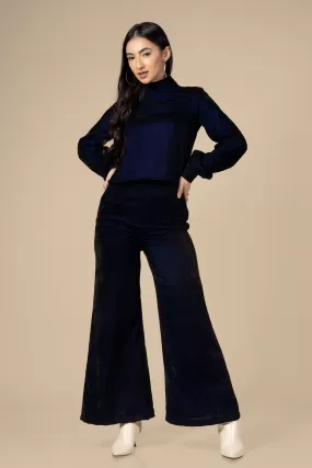 Blue High Neck Velvet Co-Ord Set For Women