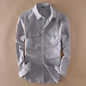 Exclusive Grey Linen Double Pocket Button-Up Shirt for Men