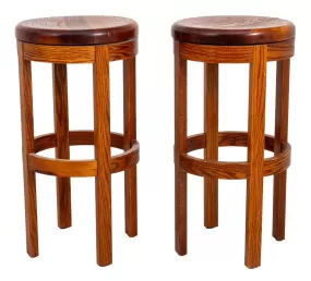 Mid-Century Modern Swivel Oak Bar Stools, Pair