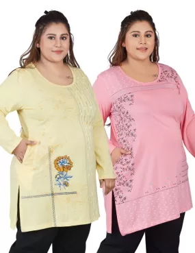 Plus Size Cotton Long Tops for Women Full Sleeves - Pack of 2 (Yellow & Rosy Pink)